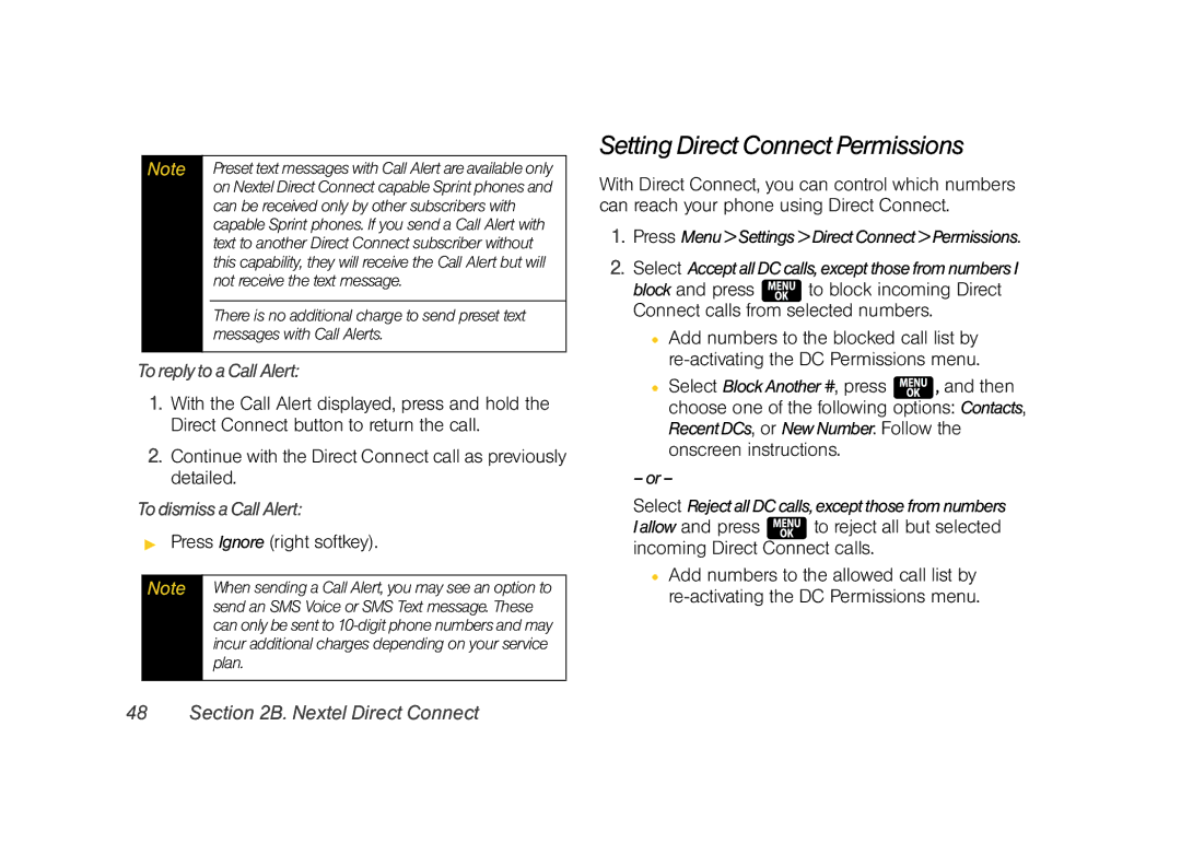 Samsung Z400 Setting Direct Connect Permissions, ToreplytoaCallAlert, TodismissaCallAlert,  Press Ignore right softkey 