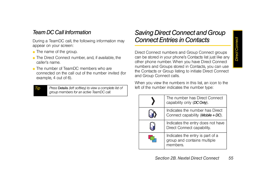 Samsung Z400 manual Team DC Call Information, Saving Direct Connect and Group Connect Entries in Contacts 