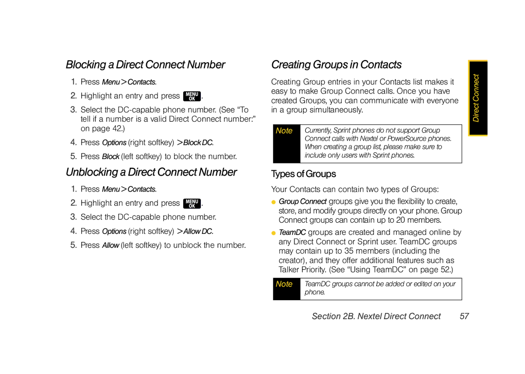 Samsung Z400 manual Blocking a Direct Connect Number, Unblocking a Direct Connect Number, Creating Groups in Contacts 