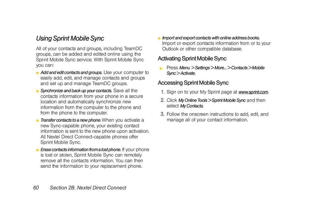 Samsung Z400 manual Using Sprint Mobile Sync, Activating Sprint Mobile Sync, Accessing Sprint Mobile Sync 