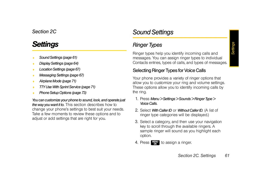 Samsung Z400 manual Sound Settings, Selecting Ringer Types for Voice Calls 