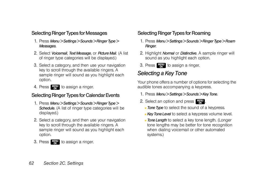 Samsung Z400 manual Selecting a Key Tone, Selecting Ringer Types for Messages, Selecting Ringer Types for Calendar Events 