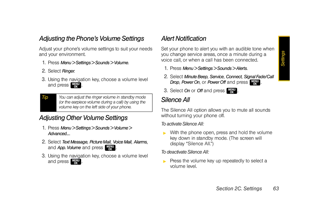 Samsung Z400 manual Adjusting the Phone’s Volume Settings, Adjusting Other Volume Settings, Alert Notification, Silence All 