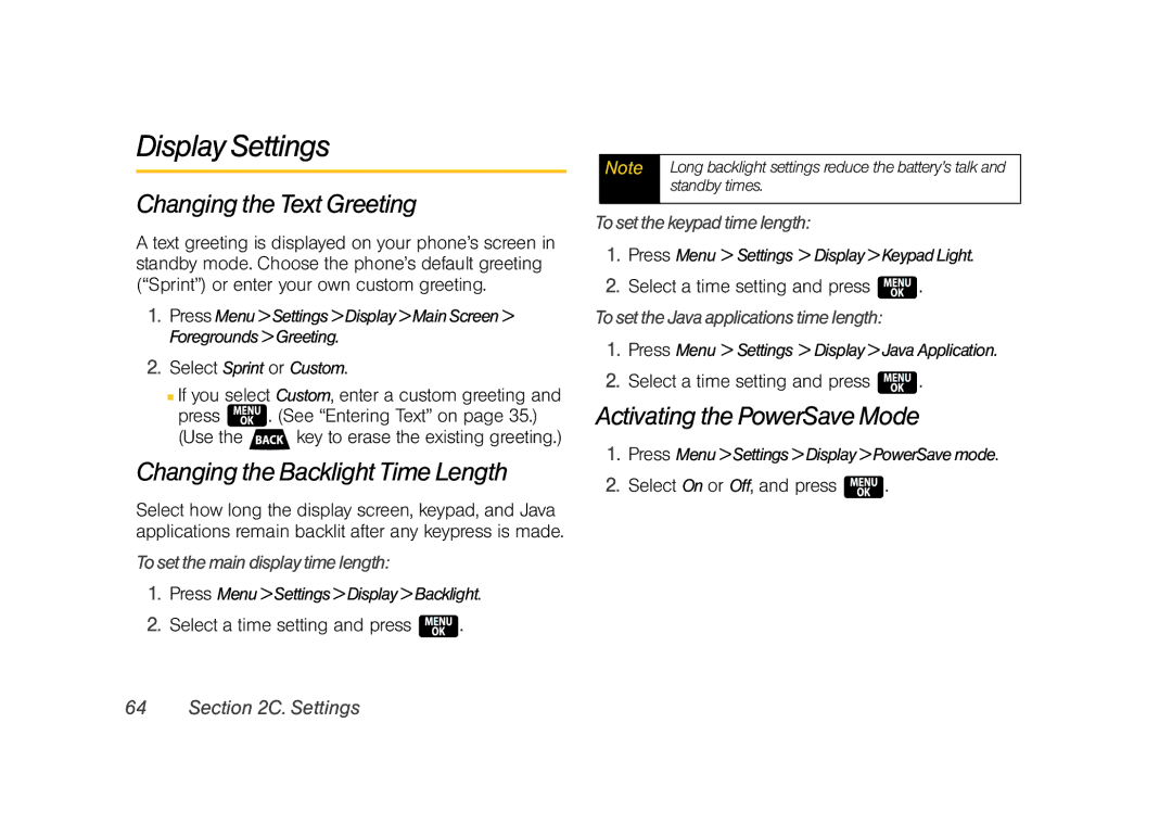 Samsung Z400 manual Display Settings, Changing the Text Greeting, Changing the Backlight Time Length 