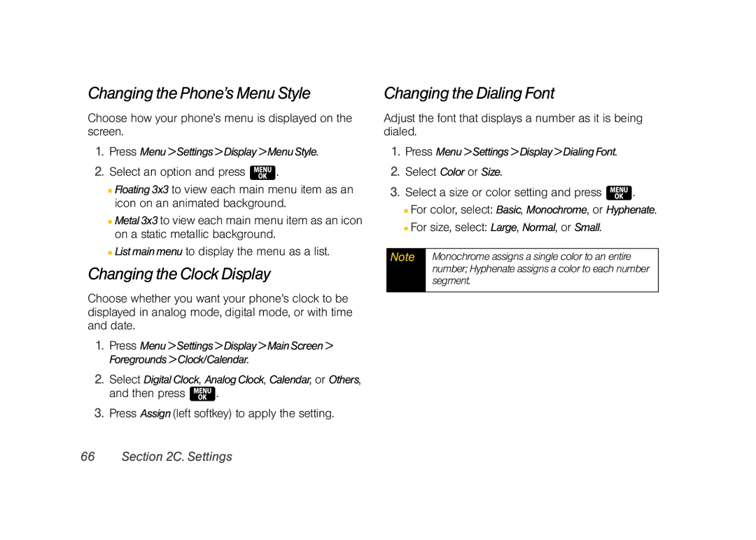 Samsung Z400 manual Changing the Phone’s Menu Style, Changing the Clock Display, Changing the Dialing Font 