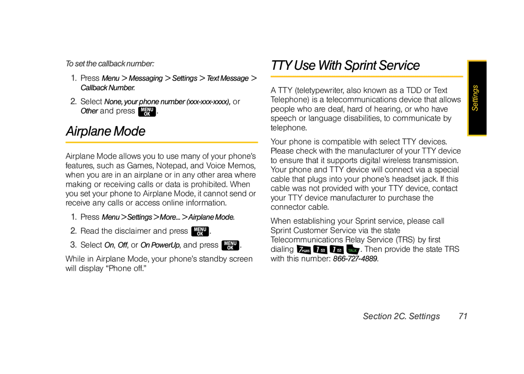 Samsung Z400 manual Airplane Mode, TTY Use With Sprint Service, Tosetthecallbacknumber 