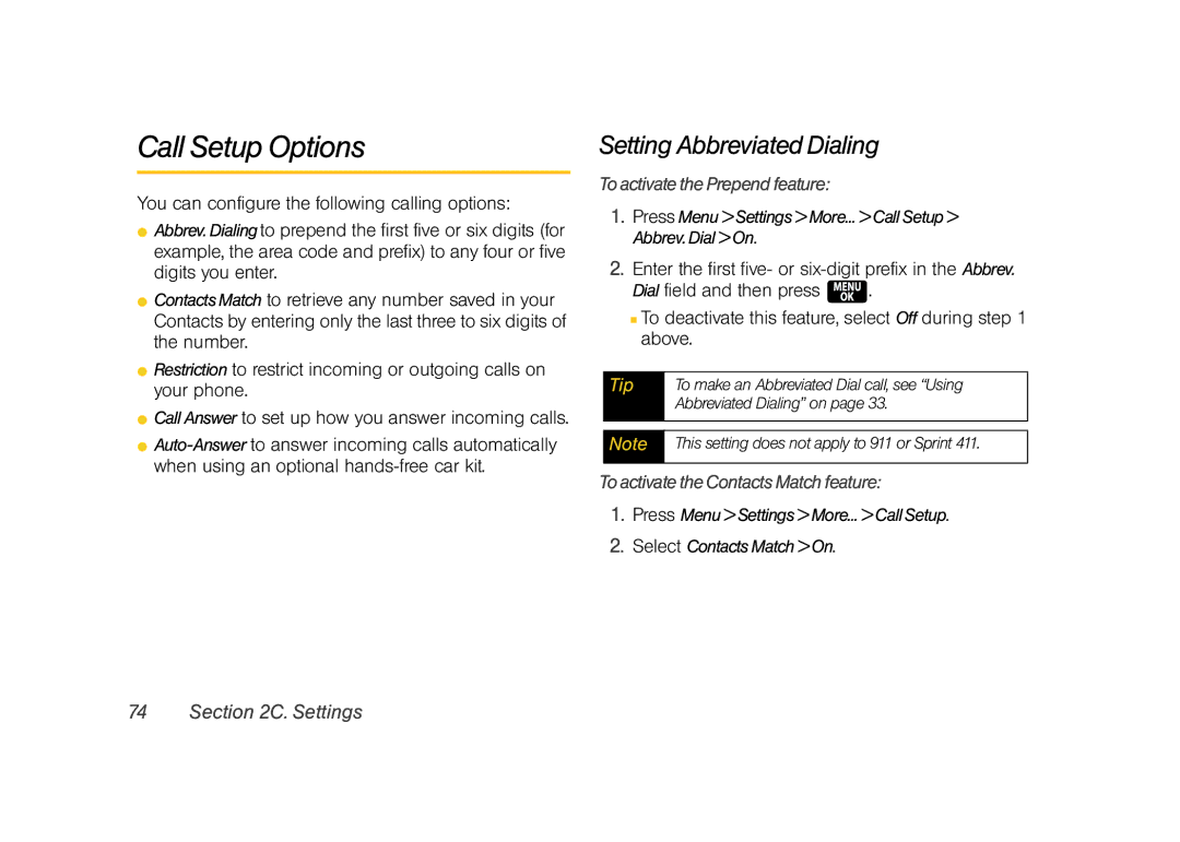 Samsung Z400 manual Call Setup Options, Setting Abbreviated Dialing, ToactivatethePrependfeature 