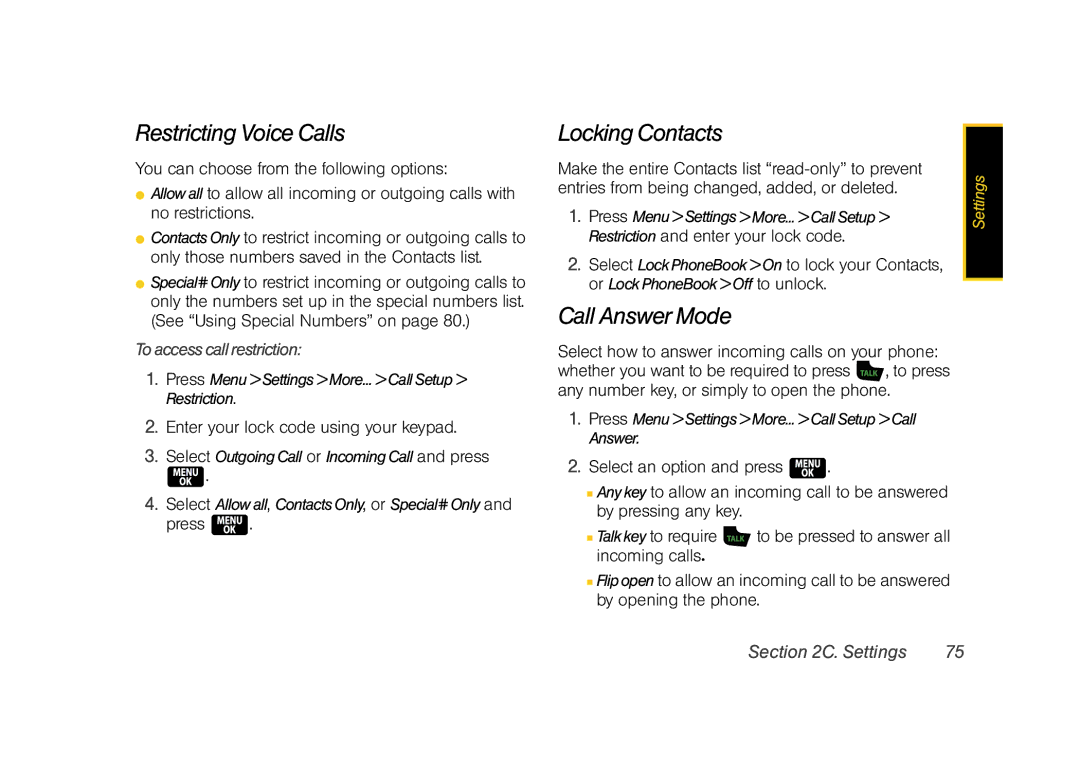 Samsung Z400 manual Restricting Voice Calls, Locking Contacts, Call Answer Mode, Toaccesscallrestriction 