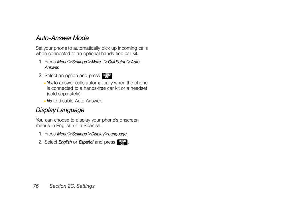 Samsung Z400 Auto-Answer Mode, Display Language, Select English or Español and press, Press MenuSettingsDisplayLanguage 