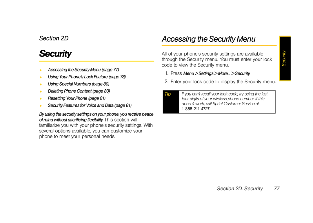 Samsung Z400 manual Accessing the Security Menu, All of your phone’s security settings are available 