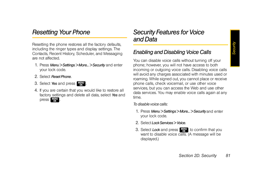 Samsung Z400 manual Resetting Your Phone, Security Features for Voice Data, Enabling and Disabling Voice Calls, Time 