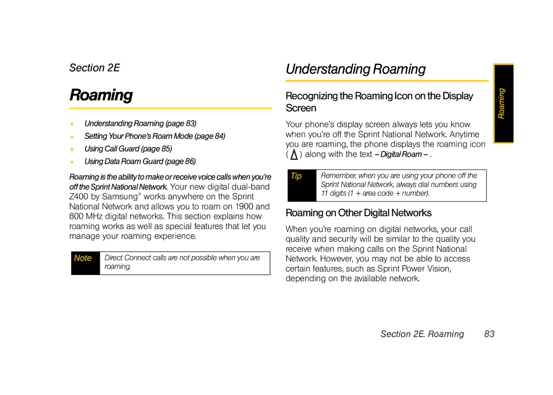 Samsung Z400 manual Understanding Roaming, Recognizing the Roaming Icon on the Display Screen 