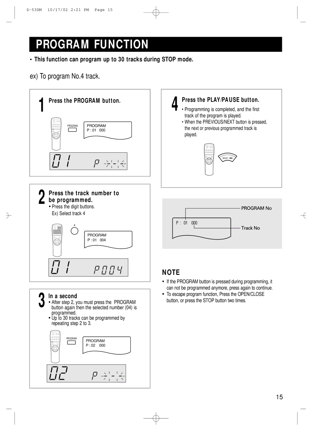 Samsung Z530MH/ESN, Z530MH/UMG manual Program Function 