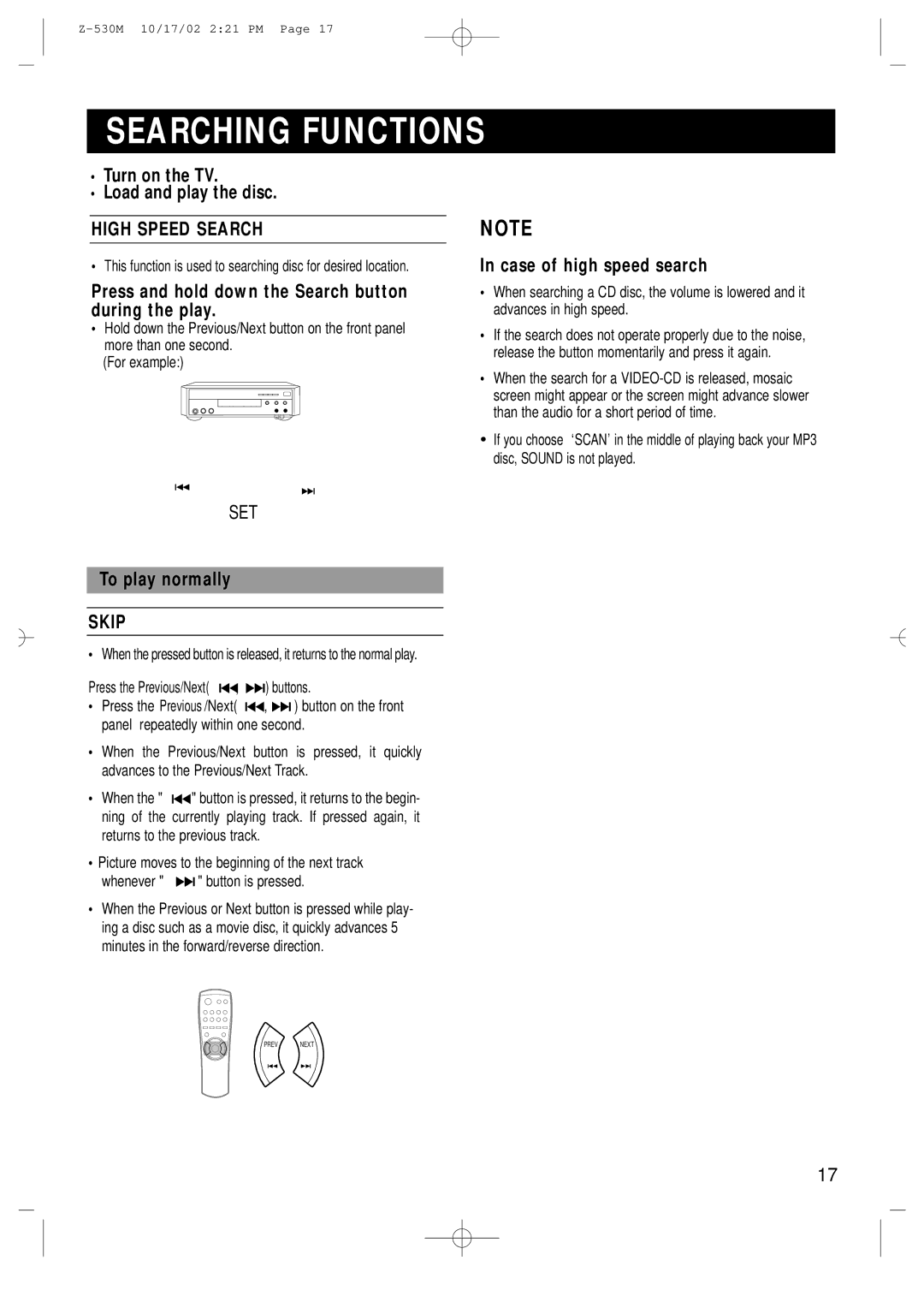 Samsung Z530MH/ESN, Z530MH/UMG manual Searching Functions, High Speed Search, Skip 