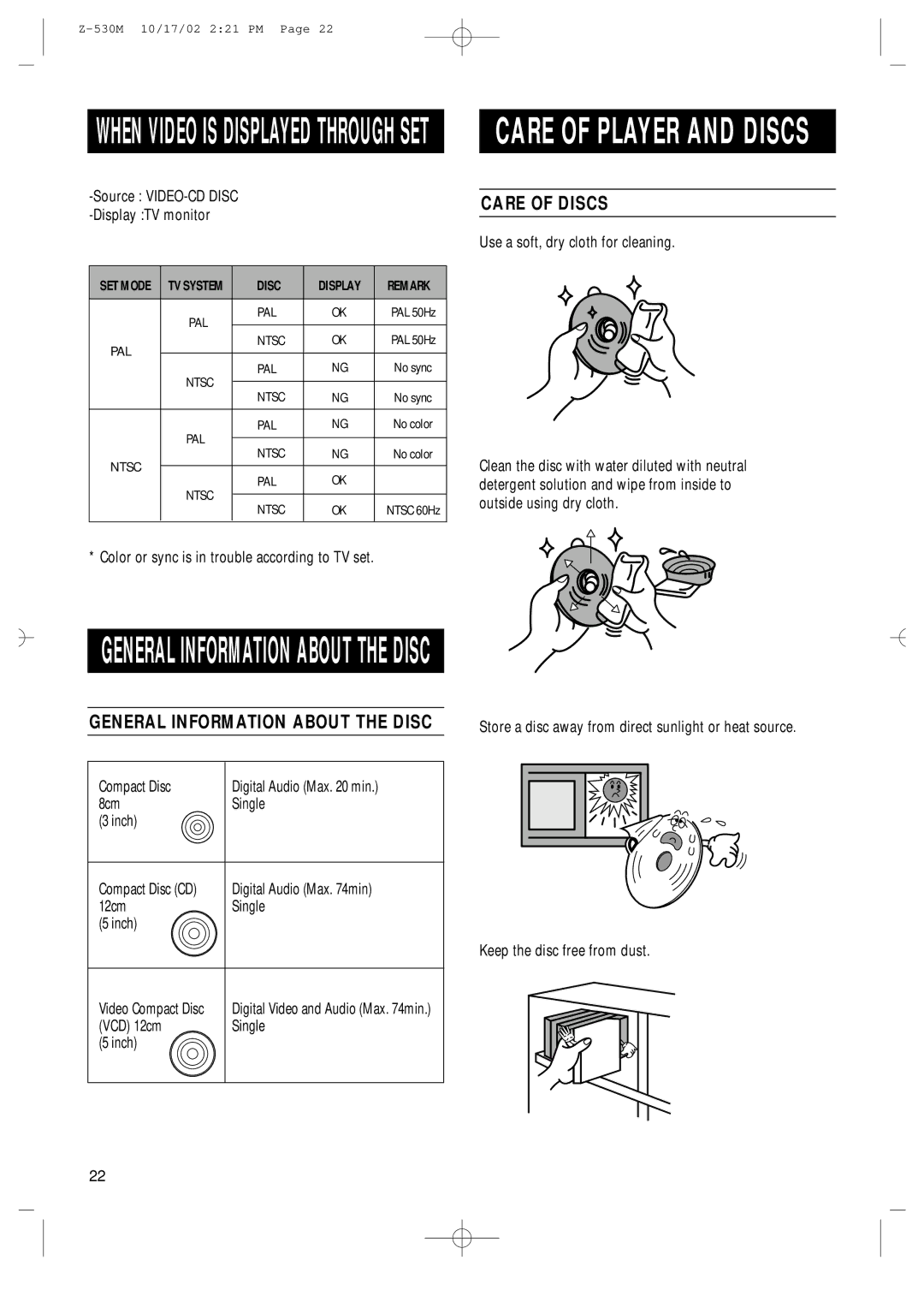 Samsung Z530MH/UMG, Z530MH/ESN manual General Information about the Disc, Care of Discs 