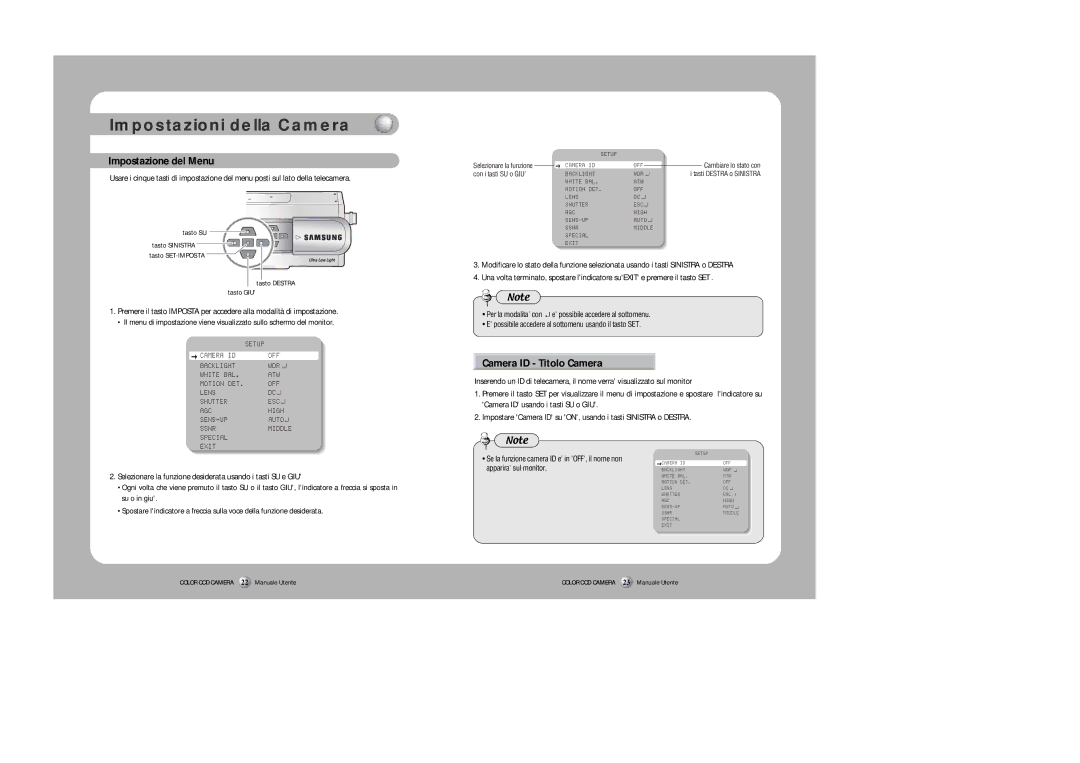 Samsung Z6806-0796-01A manual Impostazione del Menu, Camera ID Titolo Camera 