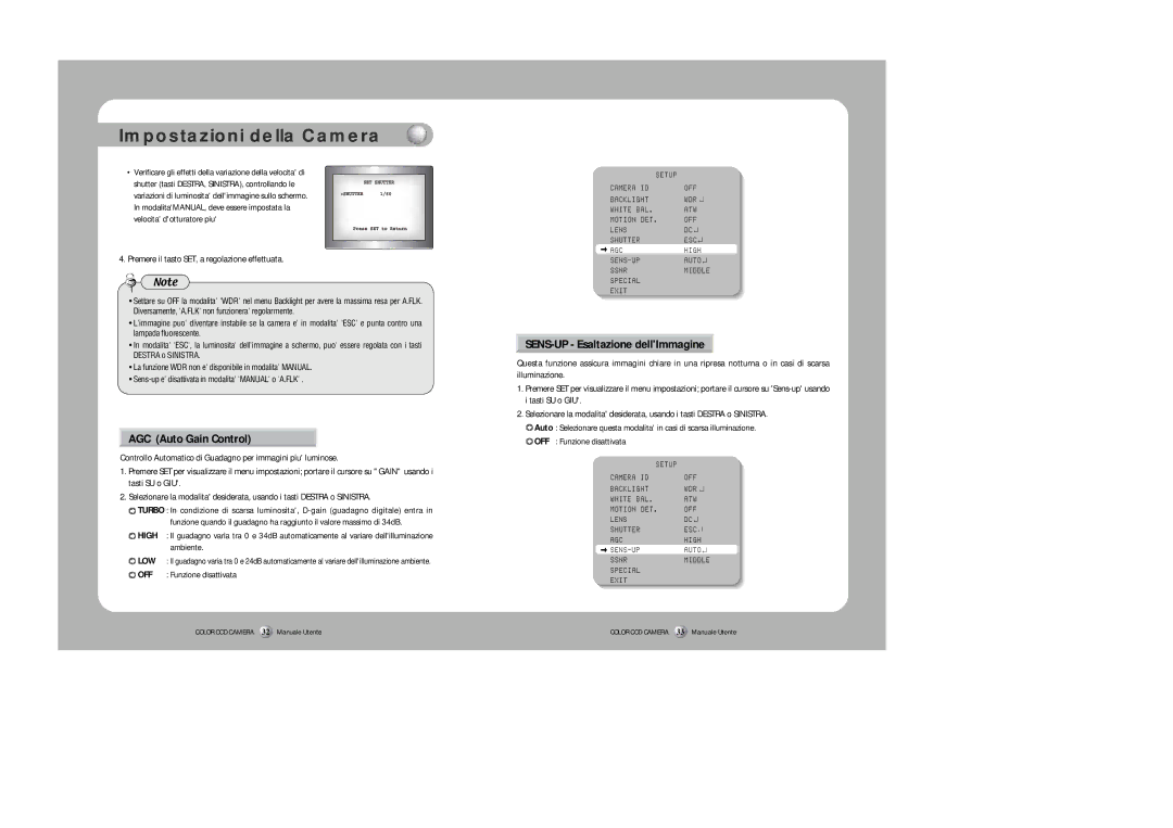 Samsung Z6806-0796-01A manual AGC Auto Gain Control, SENS-UP Esaltazione dellImmagine, OFF Funzione disattivata 