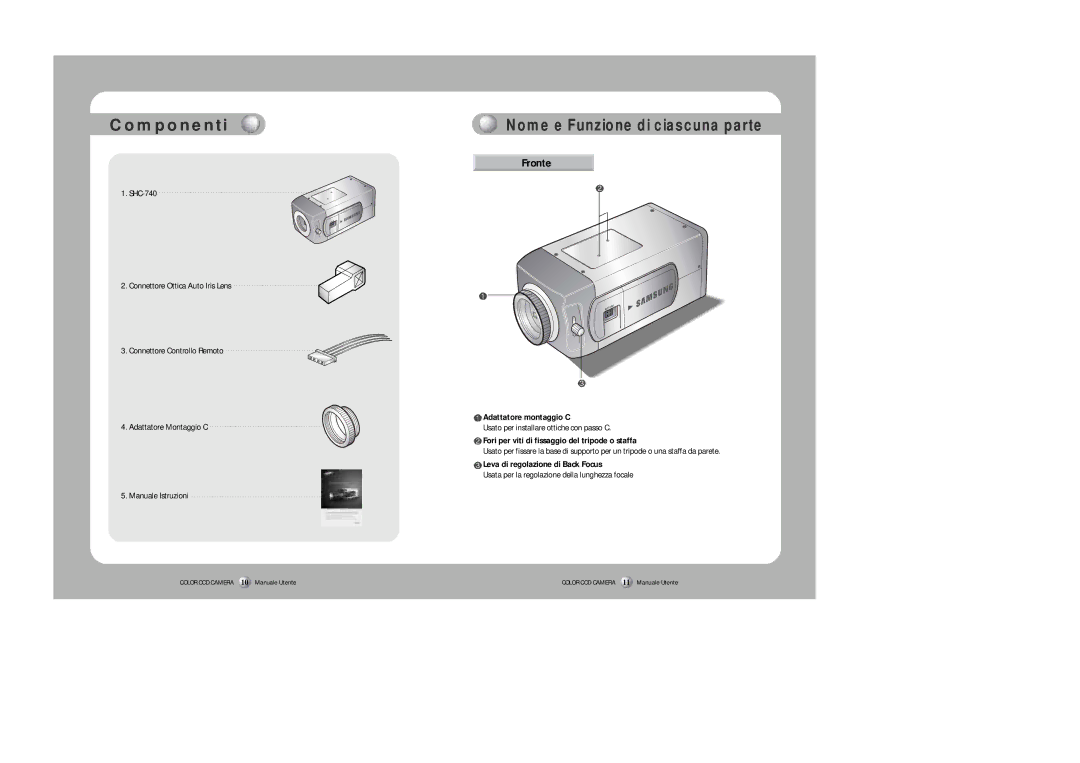 Samsung Z6806-0796-01A manual Componenti, Fronte, Adattatore montaggio C, Fori per viti di fissaggio del tripode o staffa 