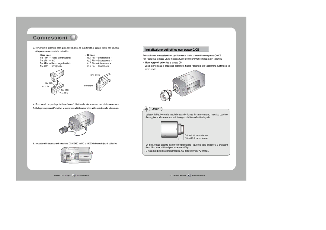 Samsung Z6806-0796-01A manual Installazione dellottica con passo C/CS, Montaggio di unottica a passo CS 