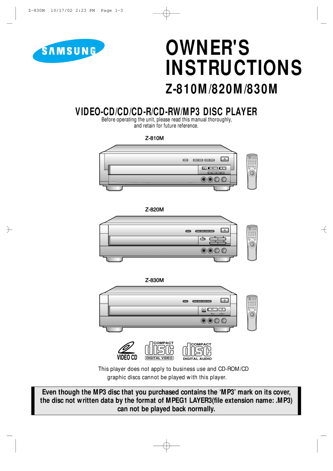 Samsung Z820MH/ESN, Z830MH/MON, Z830MH/ESN manual Owners Instructions 