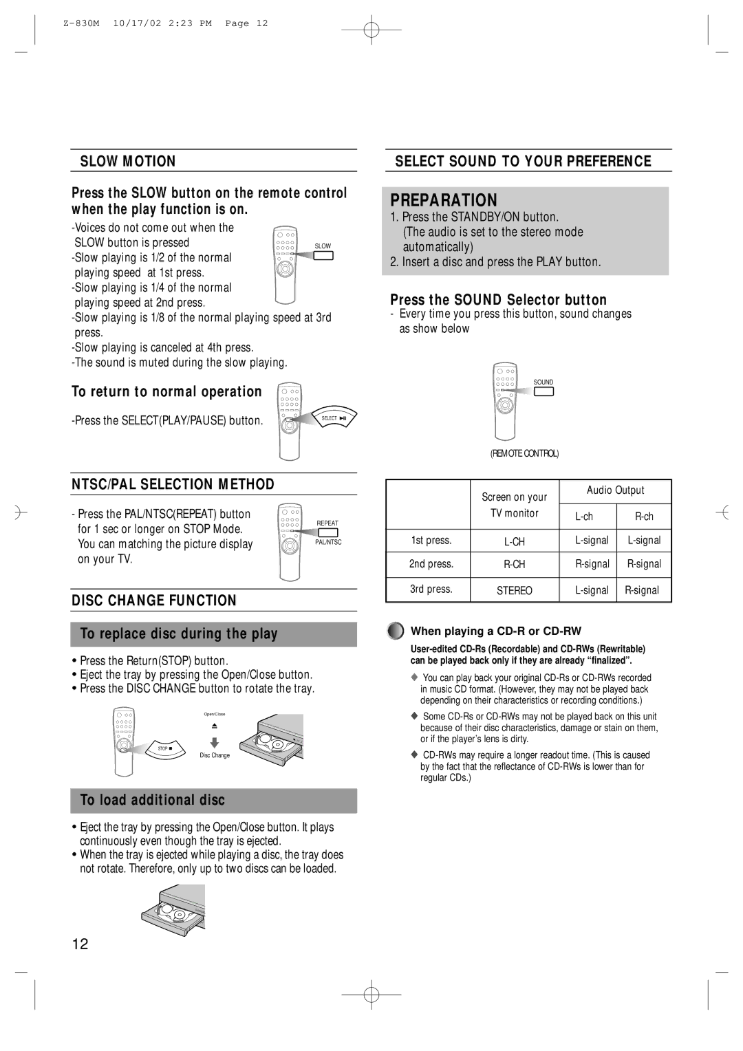 Samsung Z830MH/MON manual Slow Motion, NTSC/PAL Selection Method, Disc Change Function, Select Sound to Your Preference 