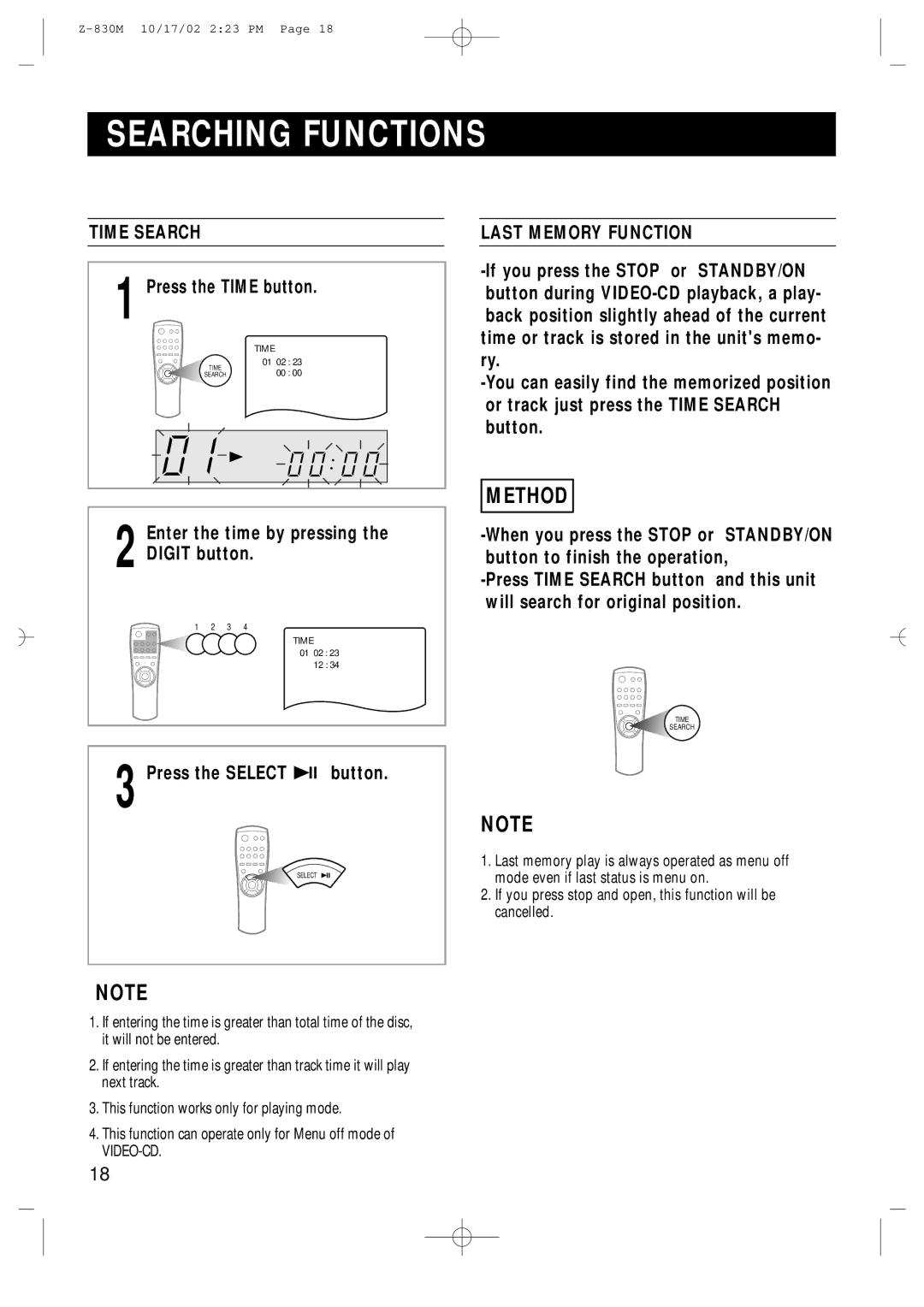 Samsung Z830MH/MON, Z820MH/ESN, Z830MH/ESN Searching Functions, Time Search, 1Press the Time button, Last Memory Function 