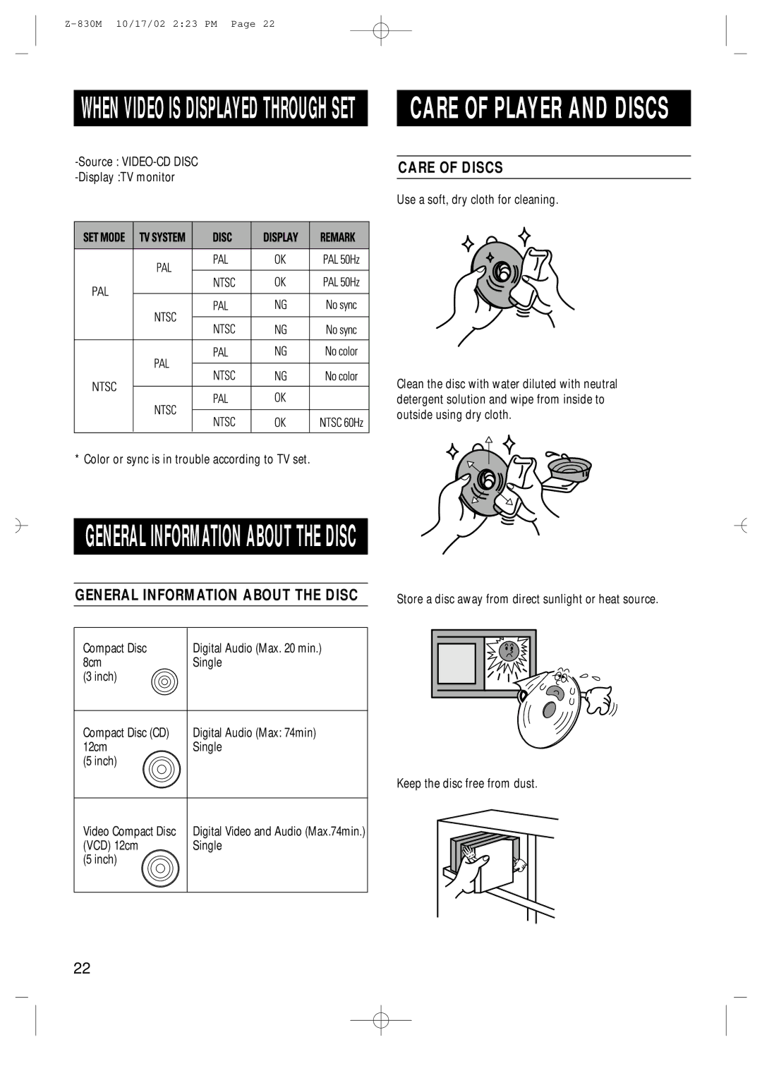 Samsung Z820MH/ESN, Z830MH/MON, Z830MH/ESN manual Care of Discs, Color or sync is in trouble according to TV set 