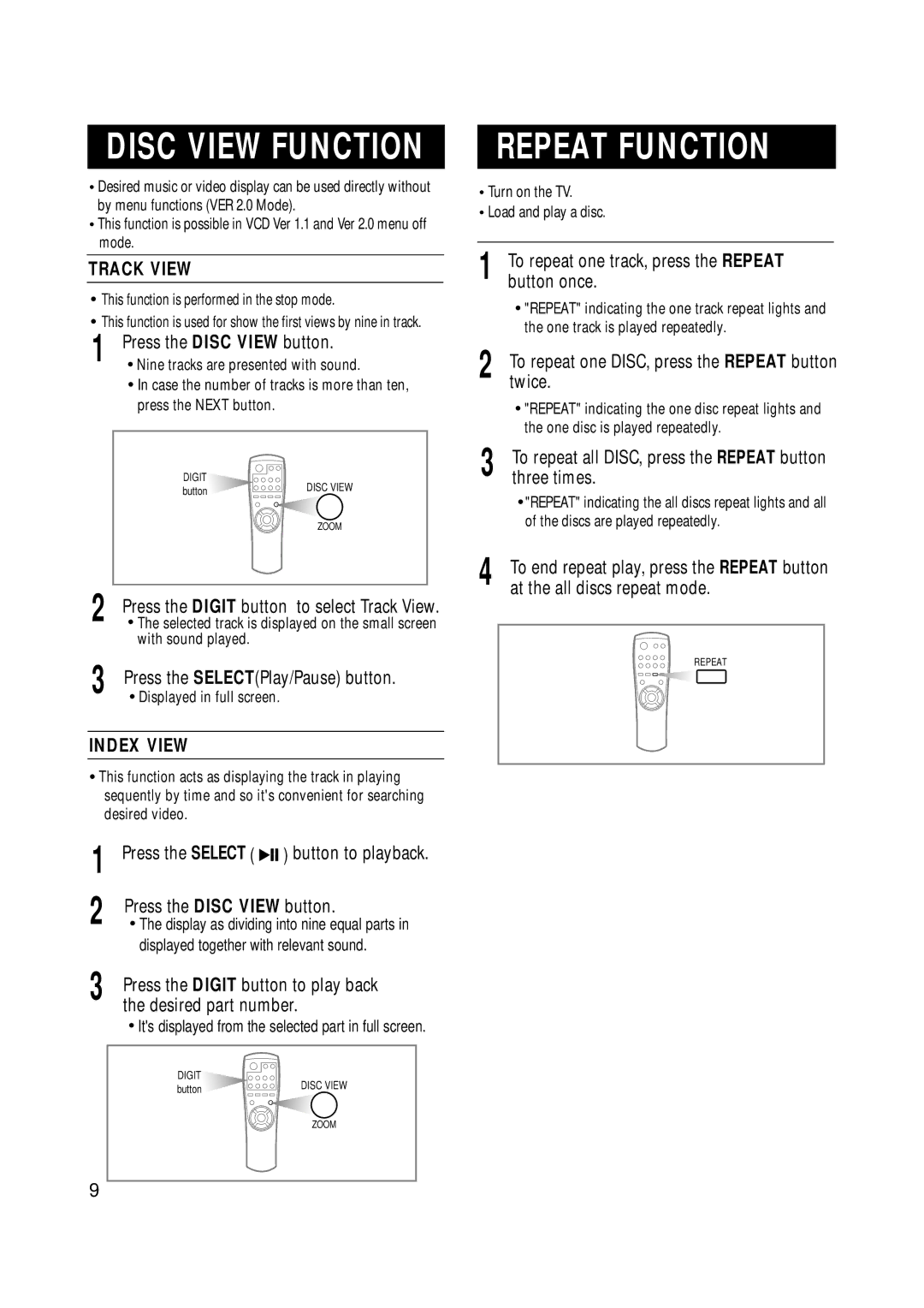 Samsung Z870H/ESN manual Repeat Function, Track View, Index View 