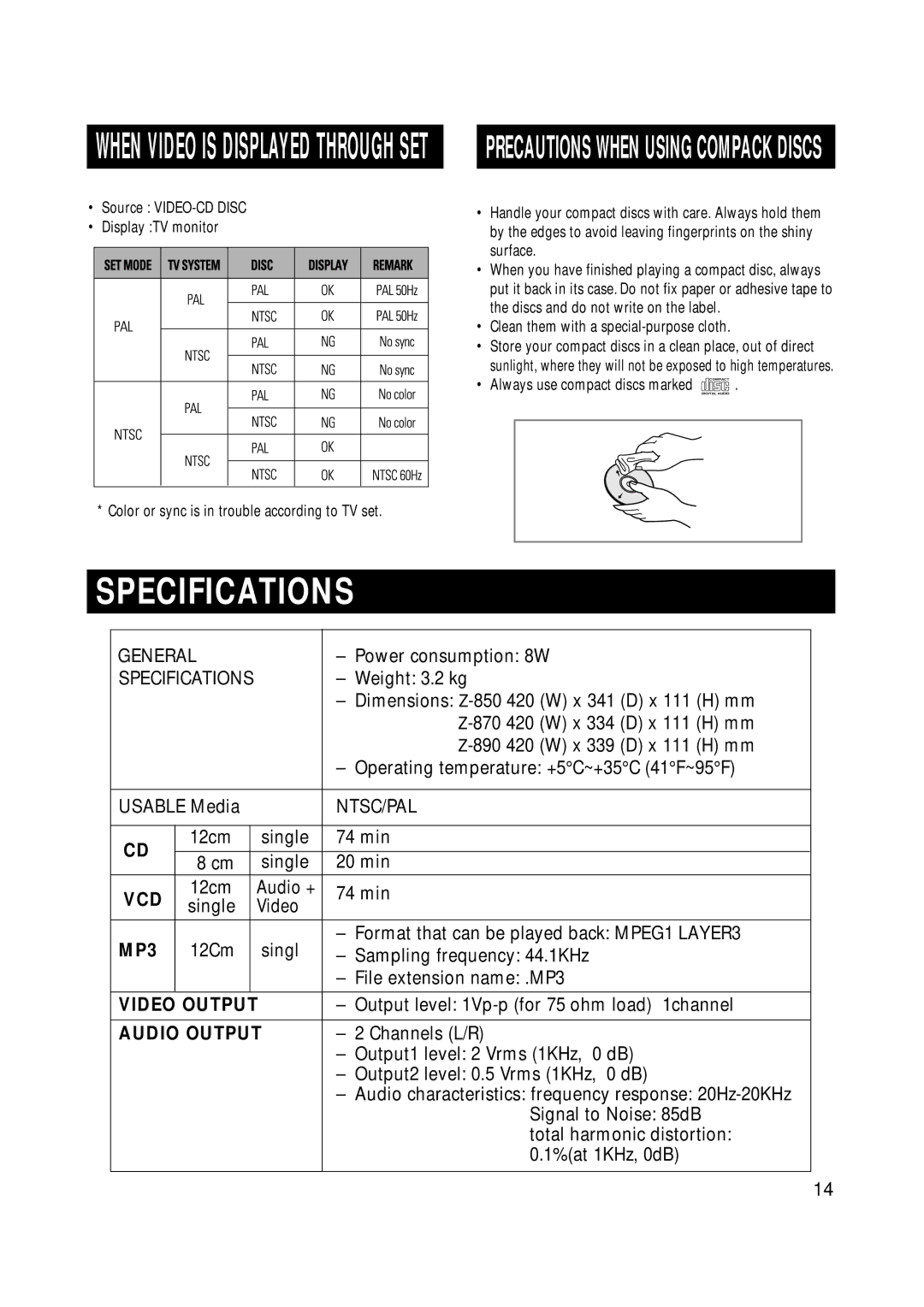 Samsung Z870H/ESN manual Specifications, Vcd, MP3, Audio Output 