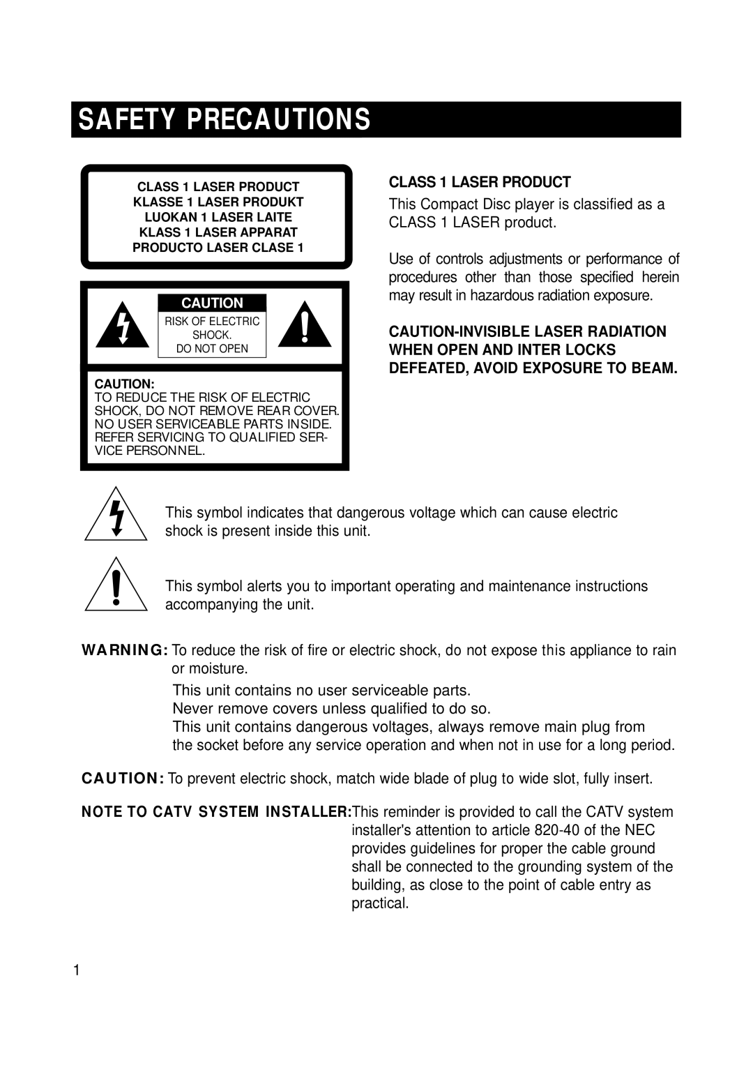 Samsung Z870H/ESN manual Safety Precautions, Class 1 Laser Product 