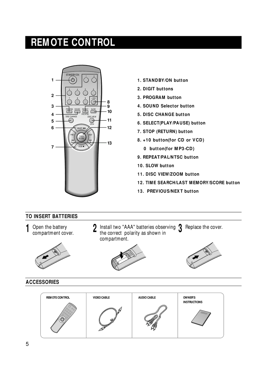 Samsung Z870H/ESN manual Remote Control, To Insert Batteries, Correct polarity as shown Compartment, Accessories 