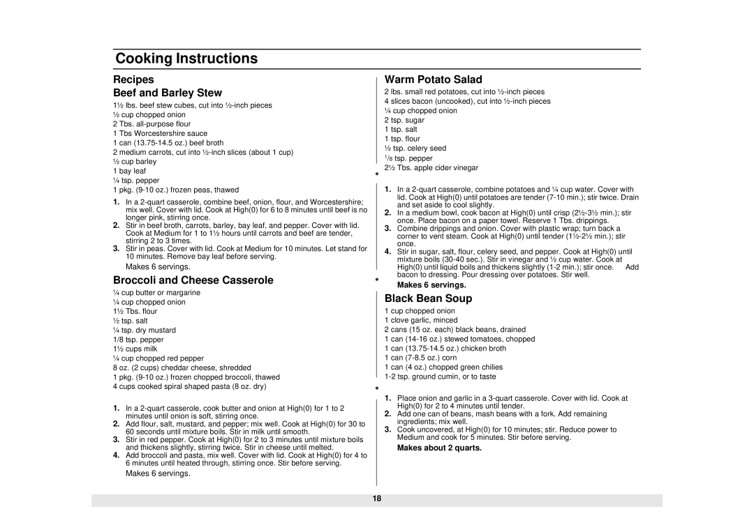 Samsung manual Recipes Beef and Barley Stew, Broccoli and Cheese Casserole, Warm Potato Salad, Black Bean Soup 