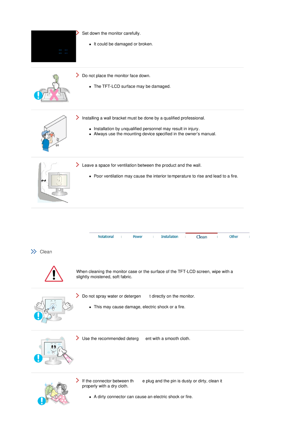 Samsung 710T, 910T, 710N, 910N, 510T, 510N, 512N, 515V, 915V, 712N, 912N, 711T, 912T, 913N, 701T manual Clean 