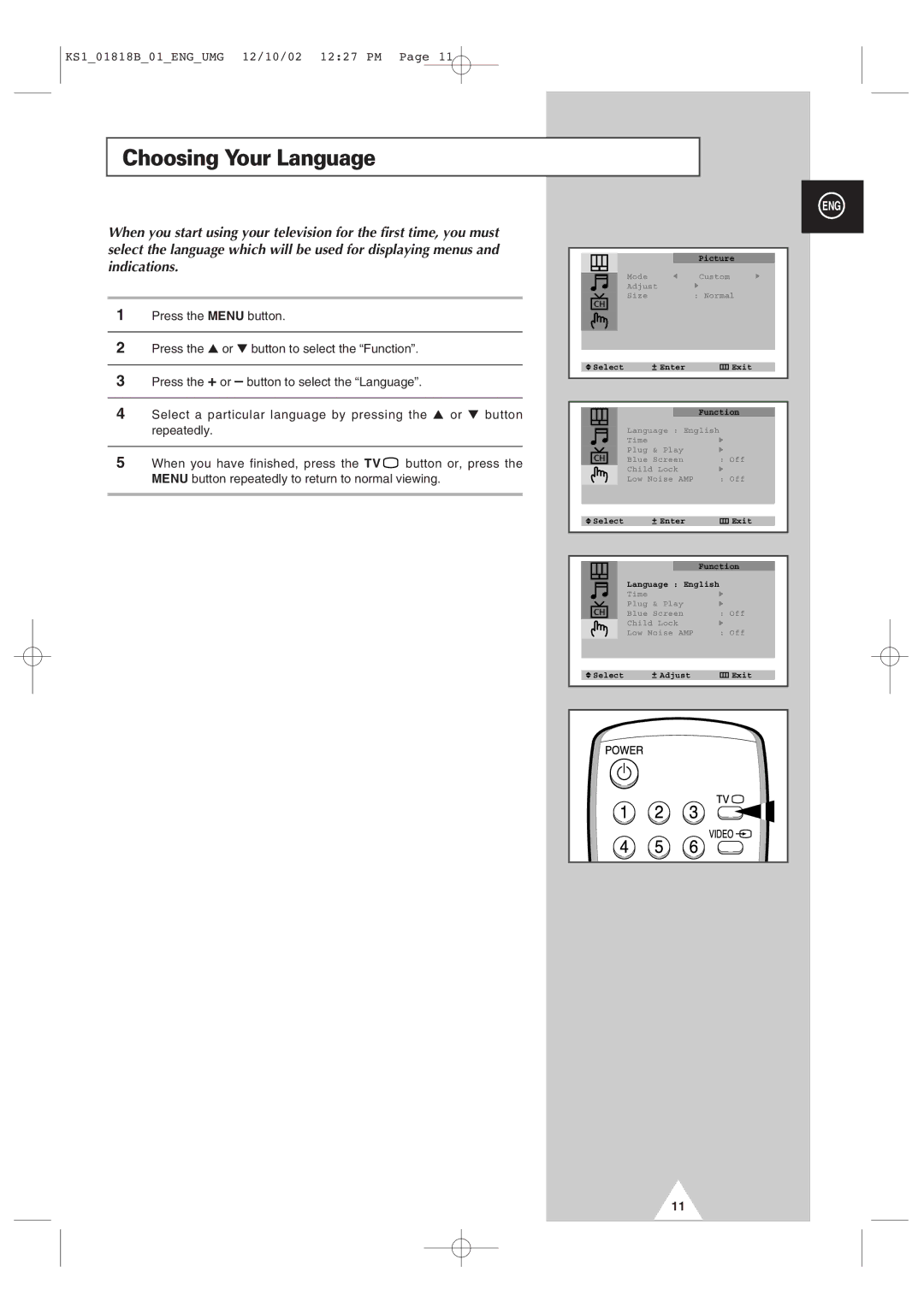 Samsung manual Choosing Your Language 