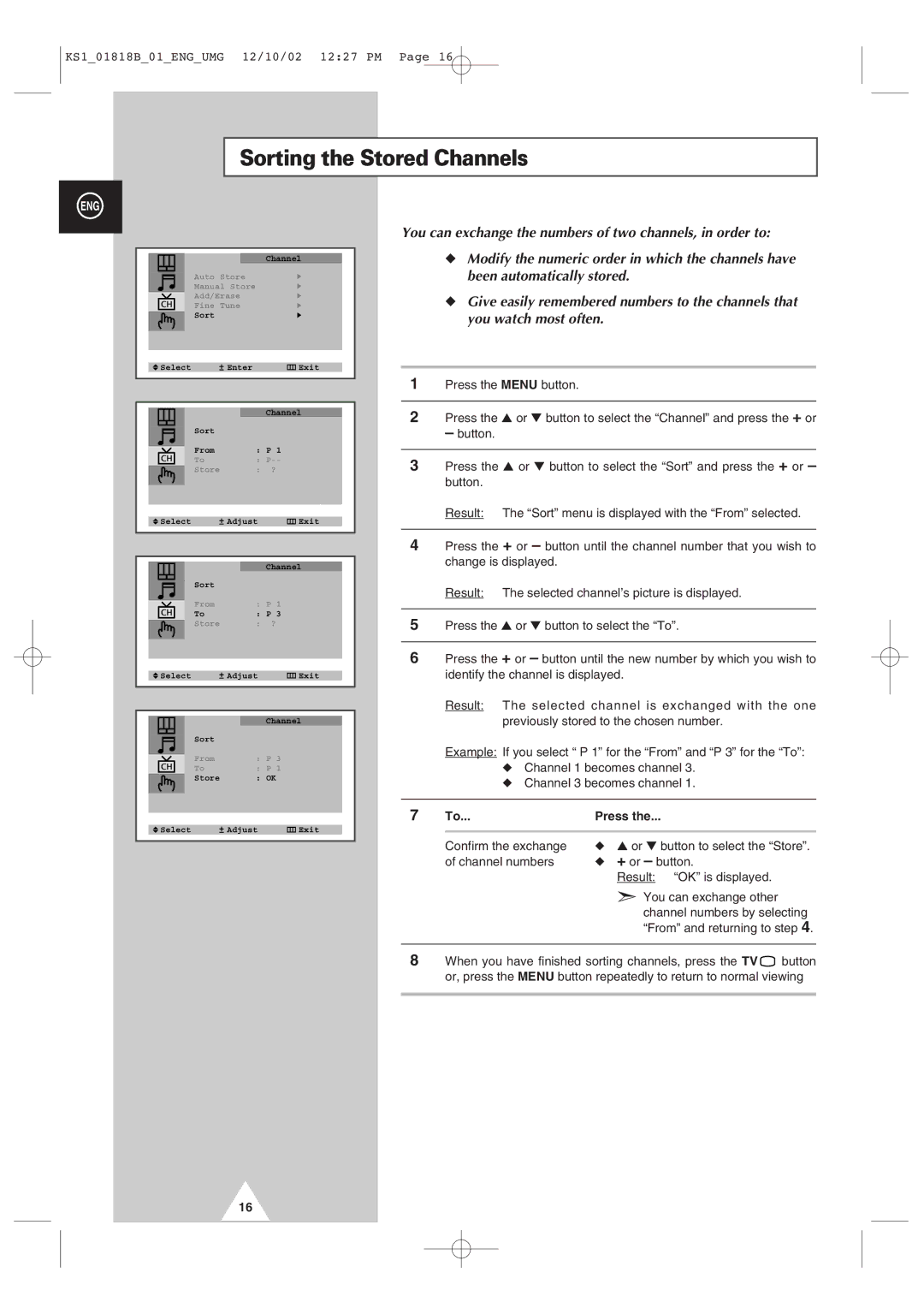 Samsung manual Sorting the Stored Channels 