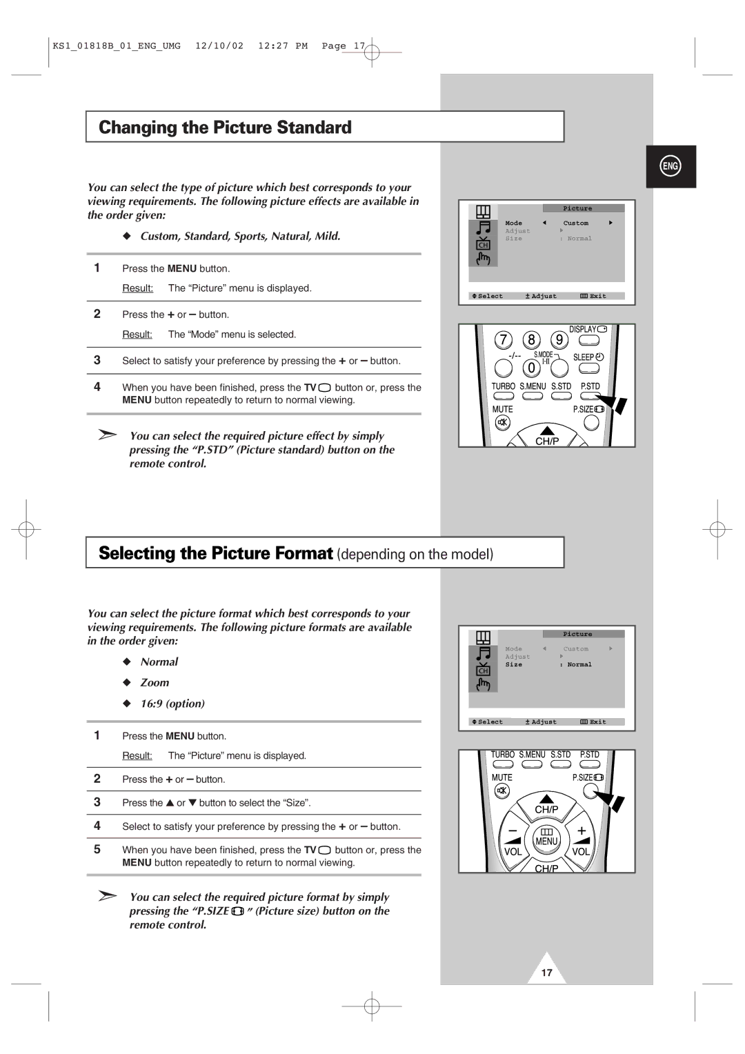 Samsung manual Changing the Picture Standard, Selecting the Picture Format depending on the model 