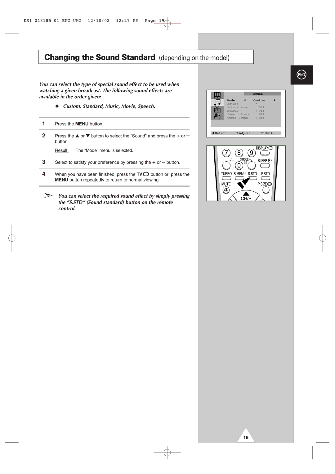 Samsung manual Changing the Sound Standard depending on the model 
