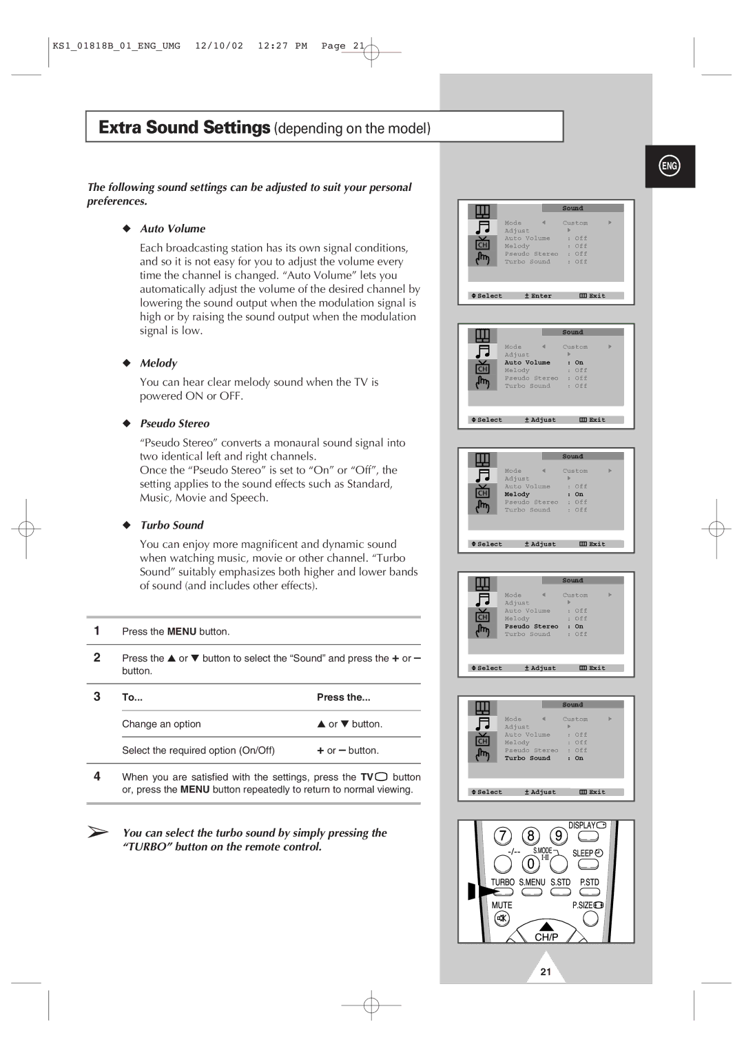 Samsung manual Melody, Pseudo Stereo, Turbo Sound 