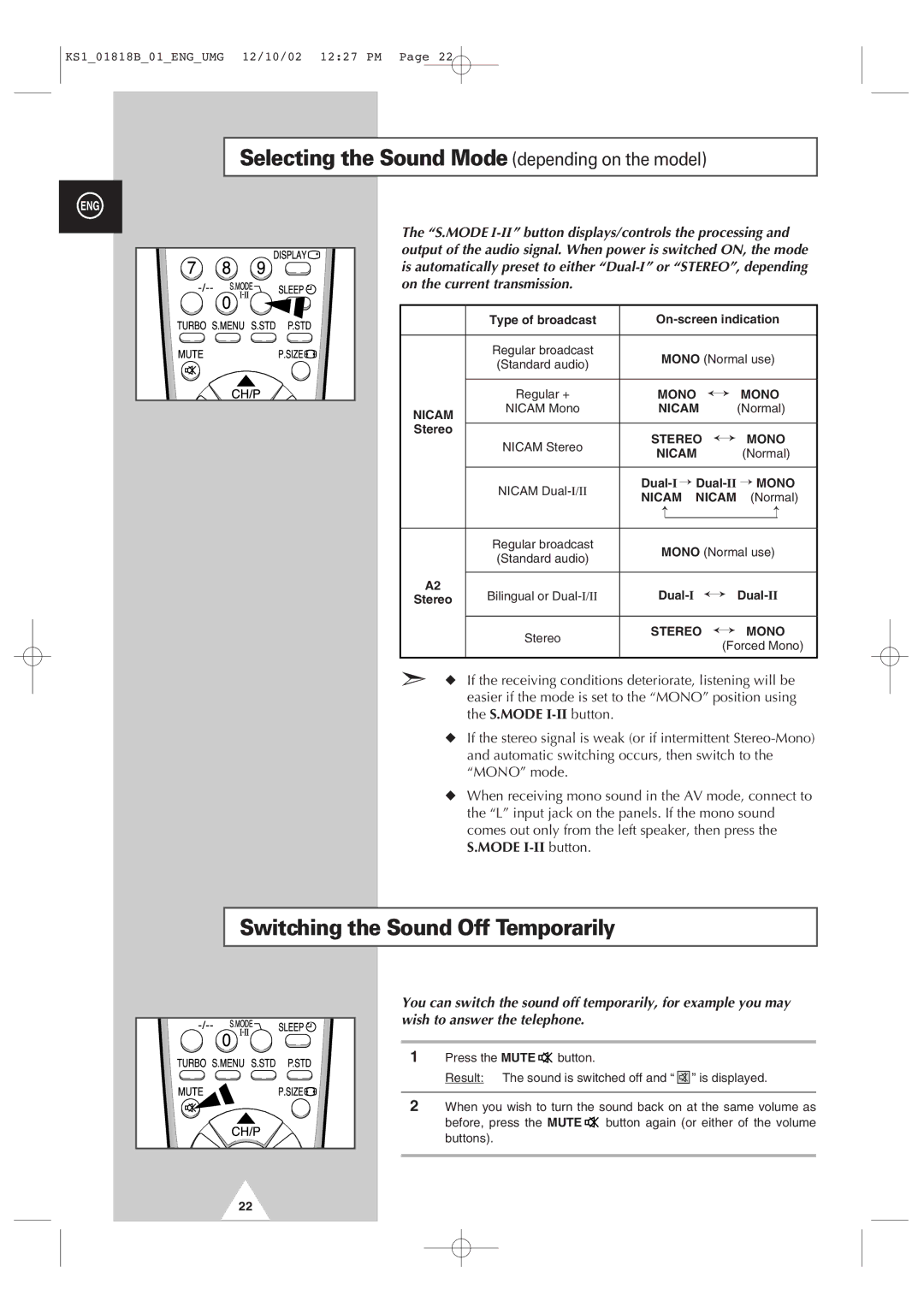 Samsung manual Selecting the Sound Mode depending on the model, Switching the Sound Off Temporarily 