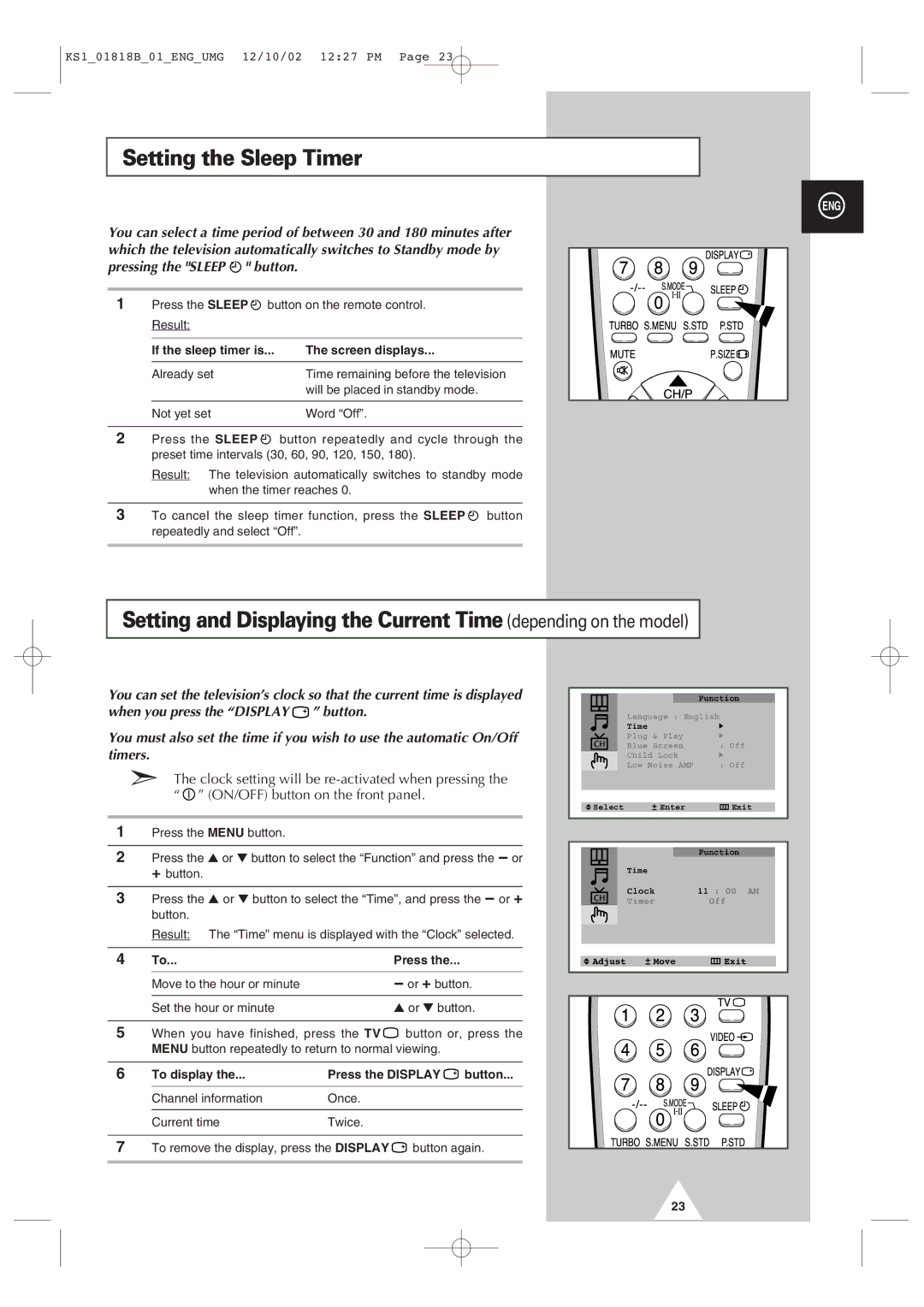 Samsung manual Setting the Sleep Timer, If the sleep timer is Screen displays, To display Press the Display Button 