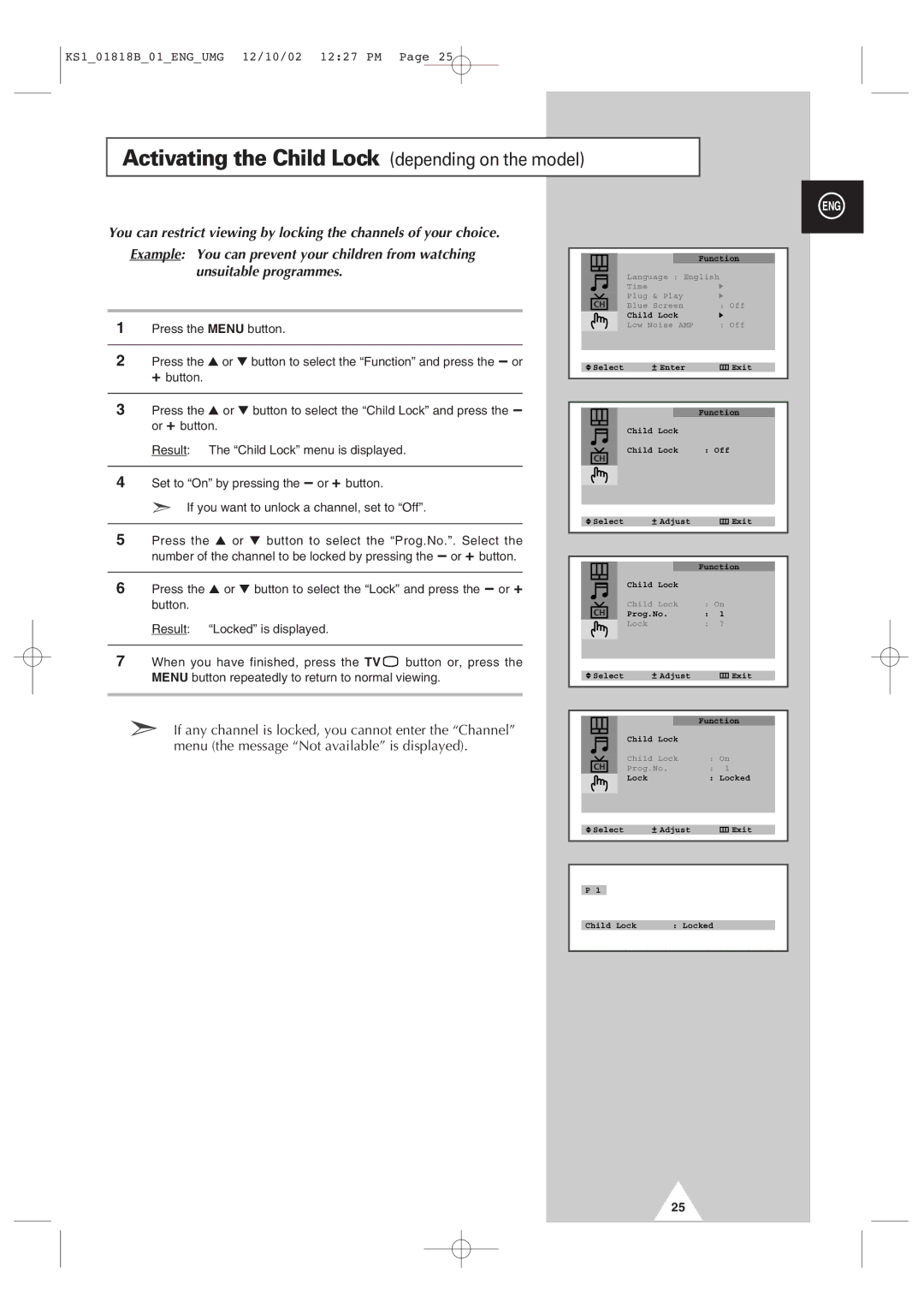 Samsung manual Activating the Child Lock depending on the model 
