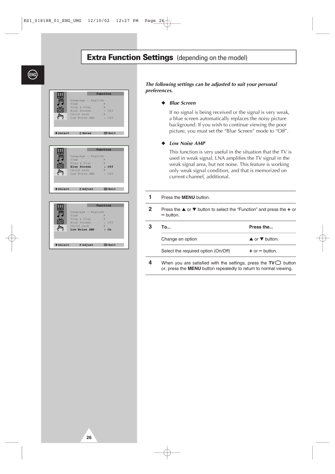Samsung manual Extra Function Settings depending on the model, Low Noise AMP 