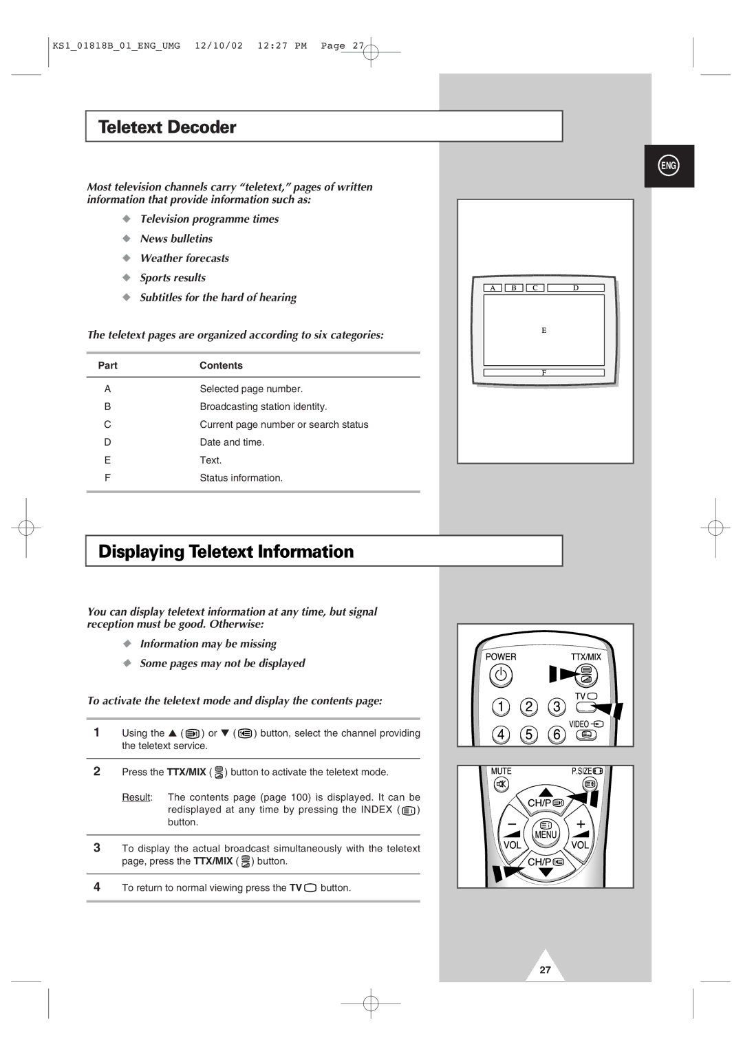 Samsung manual Teletext Decoder, Displaying Teletext Information, Contents 