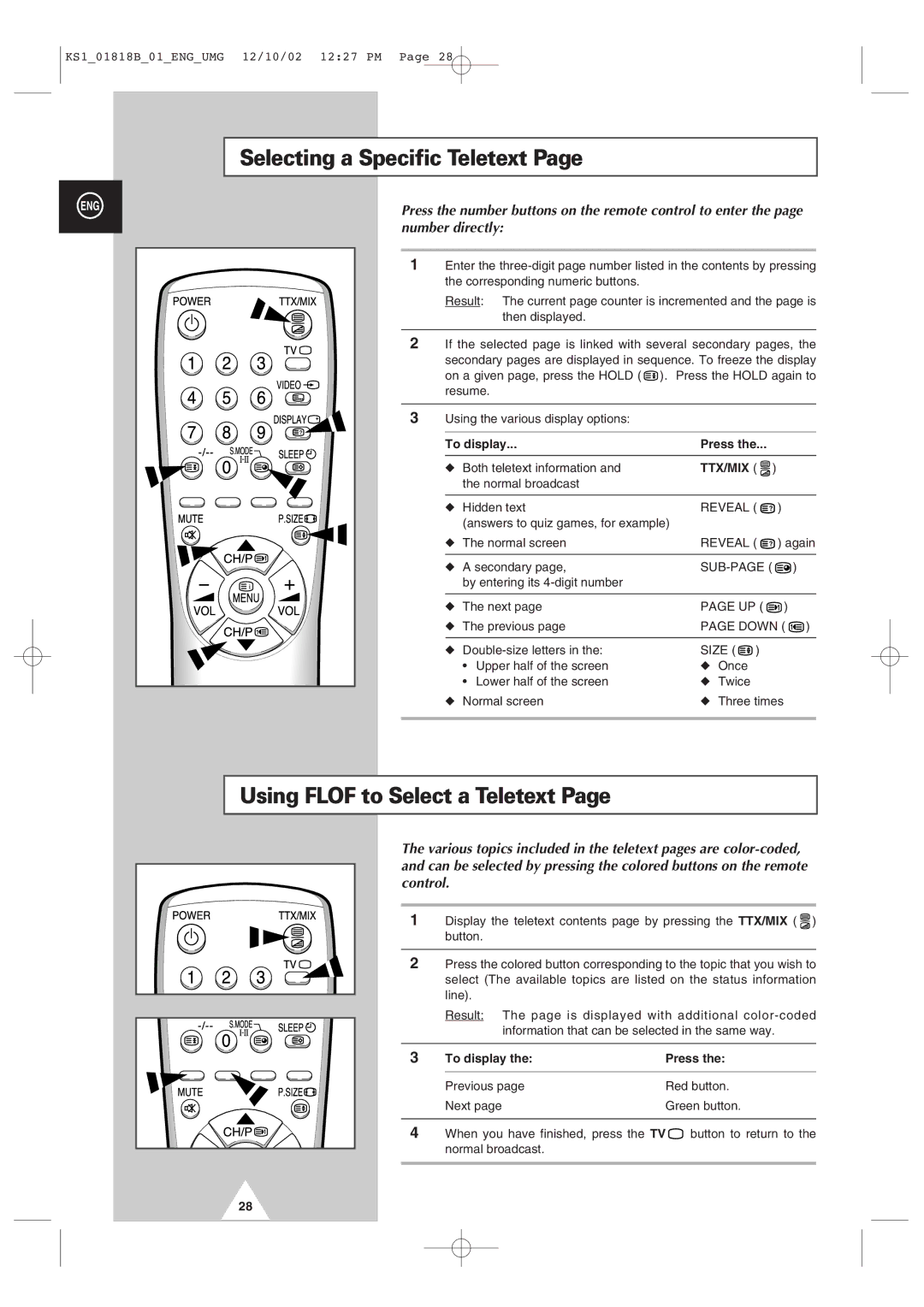 Samsung manual Selecting a Specific Teletext, Using Flof to Select a Teletext, To display Press 