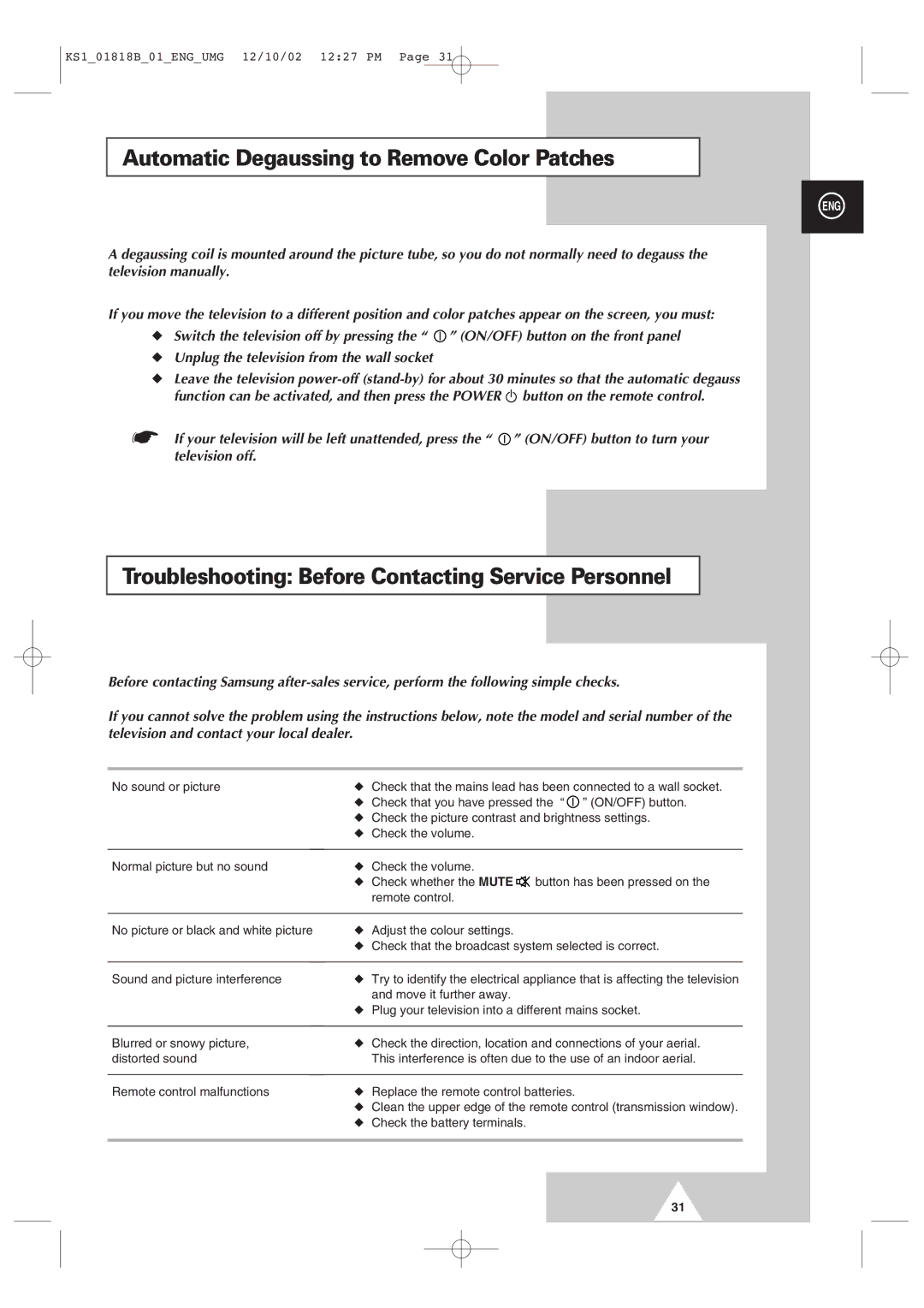 Samsung manual Automatic Degaussing to Remove Color Patches, Troubleshooting Before Contacting Service Personnel 