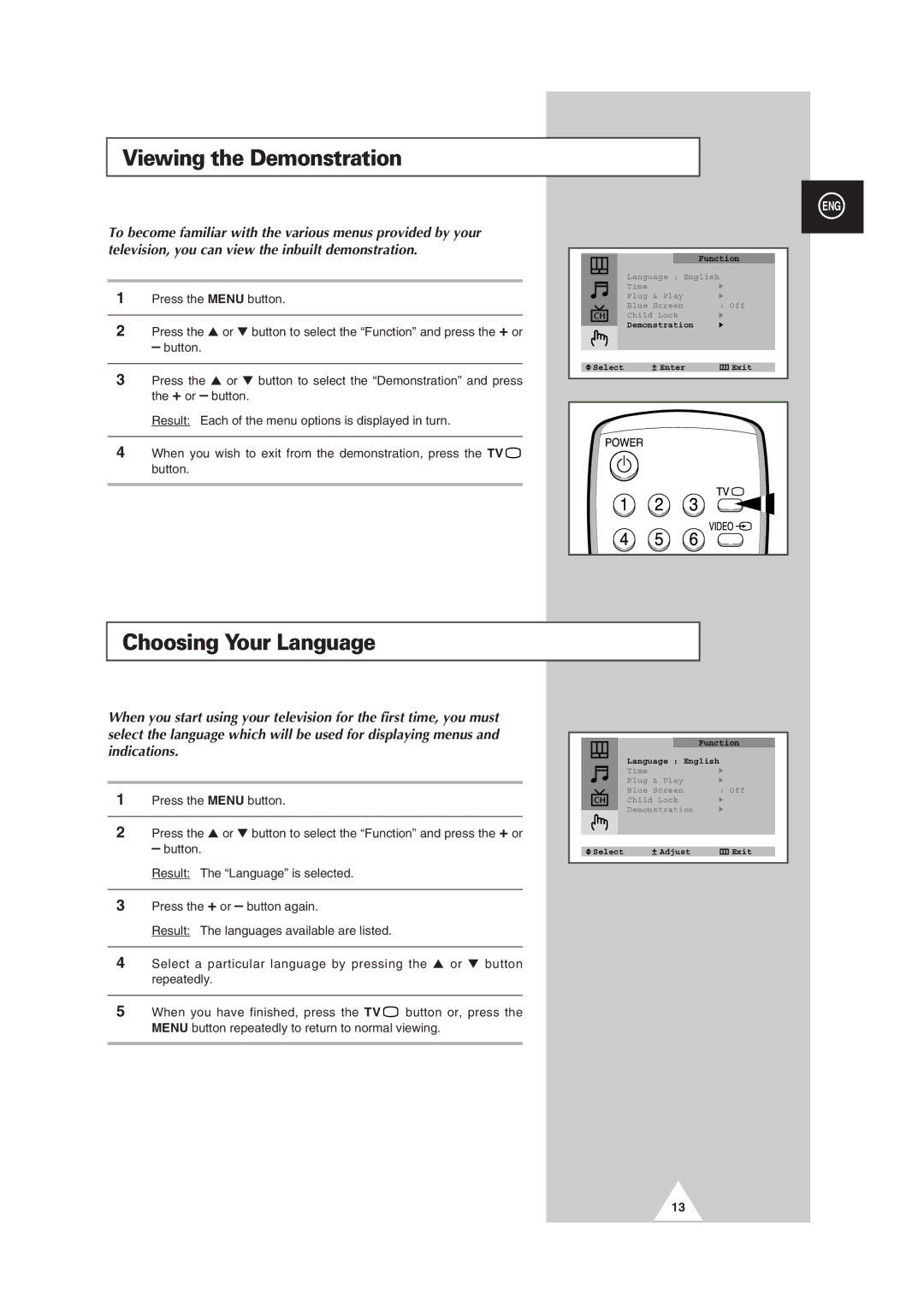 Samsung manual Viewing the Demonstration, Choosing Your Language 