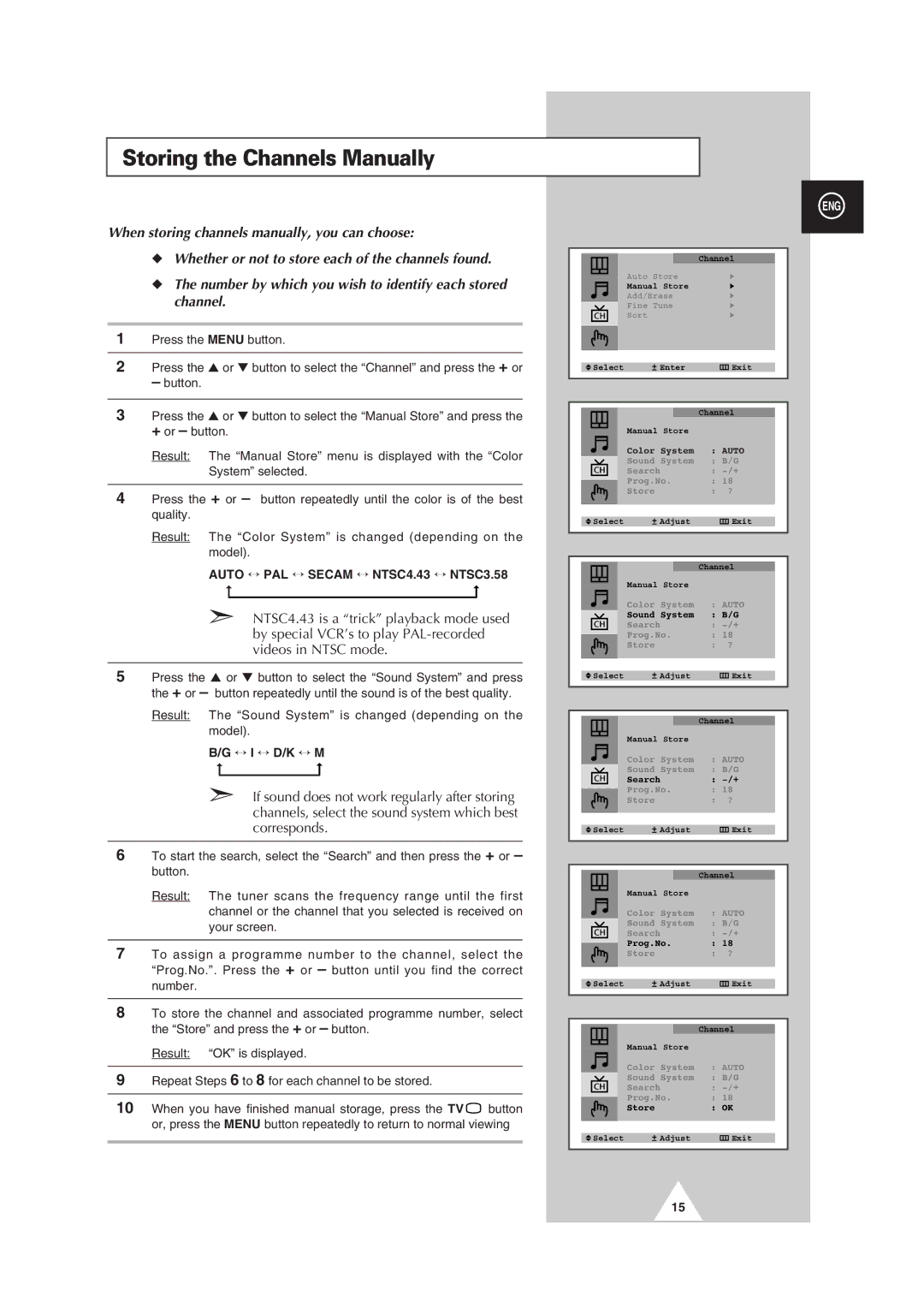 Samsung manual Storing the Channels Manually, ↔ I ↔ D/K ↔ M 