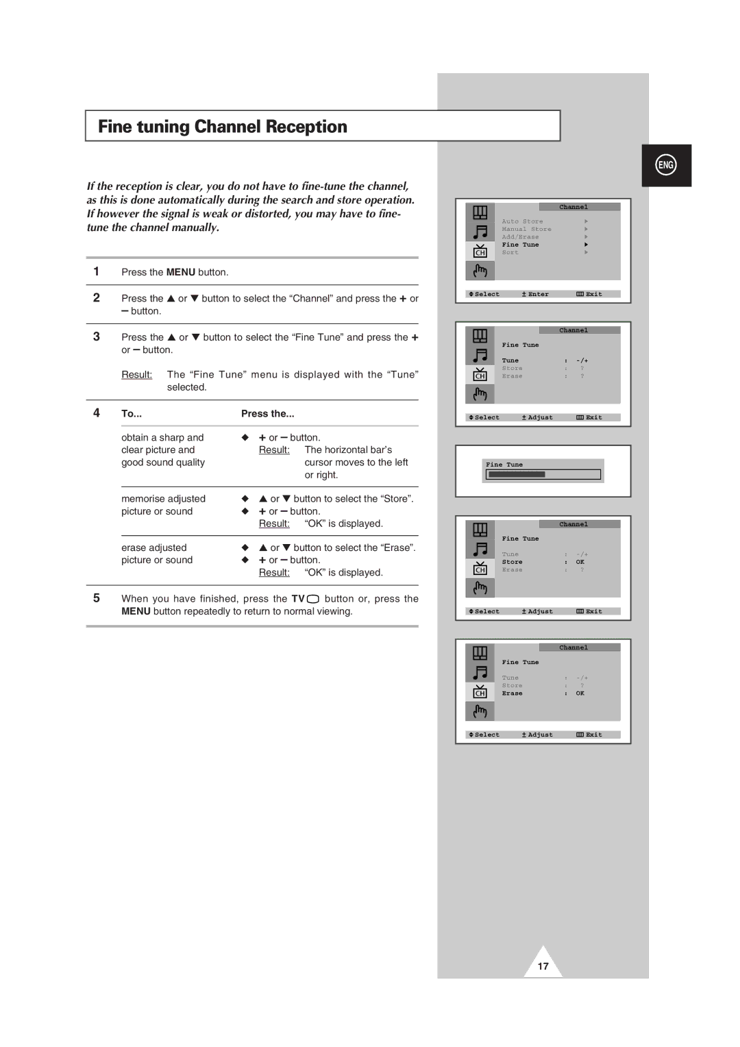 Samsung manual Fine tuning Channel Reception, Press 