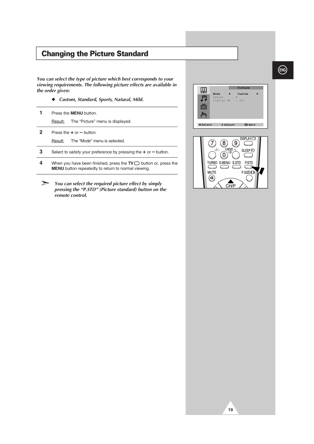 Samsung manual Changing the Picture Standard 