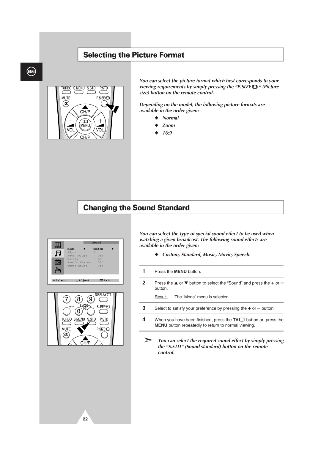 Samsung manual Selecting the Picture Format, Changing the Sound Standard 